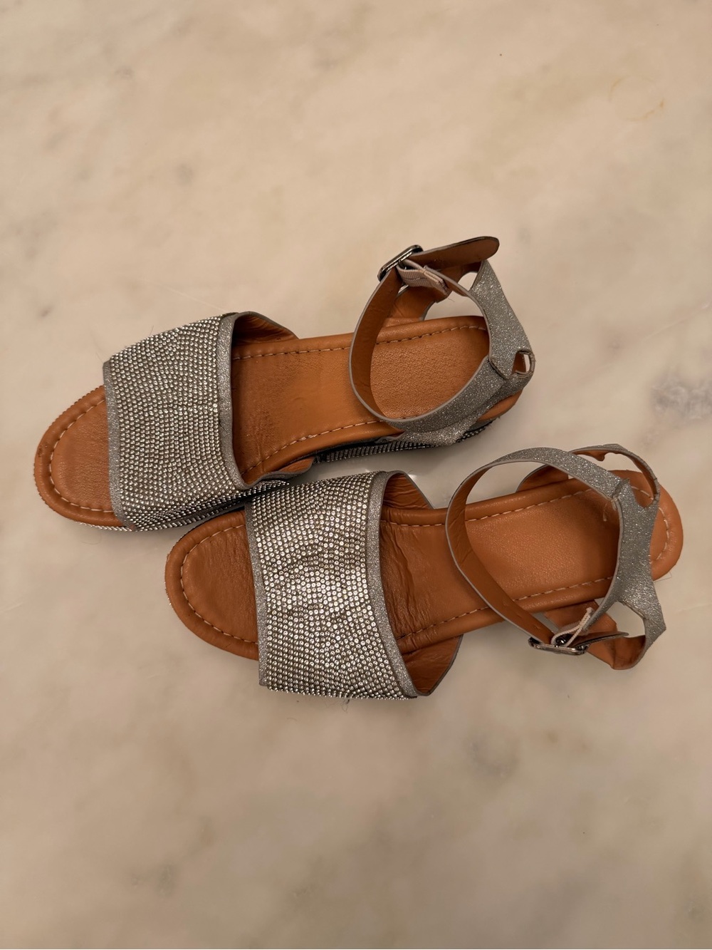 SHEIN Silver Glitter Ankle-Strap Flat Sandals